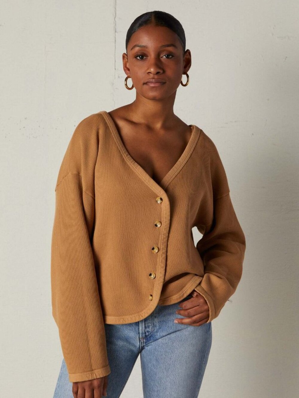 Donni Tan Button-Front Waffle Texture Cardigan Sweater Size Large